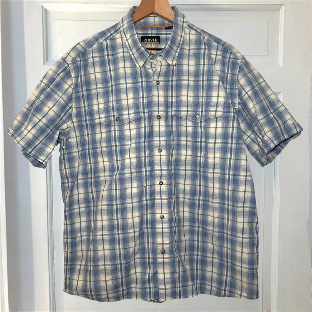 Orvis Active Fit White Blue Plaid Mens XL Tech Hiking Fishing Short Sleeve Shirt - Picture 4 of 8